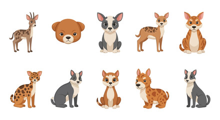 Fototapeta premium Set of Cute Cartoon African Wild Dogs and Savannah Animals