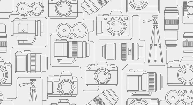 Seamless Pattern with Photography Equipment Line Art Icons