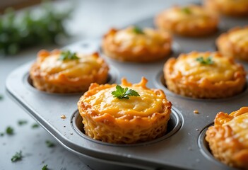Fototapeta premium Golden brown baked cheese and herb stuffed bread rolls on a cooling rack. baked spaghetti cup