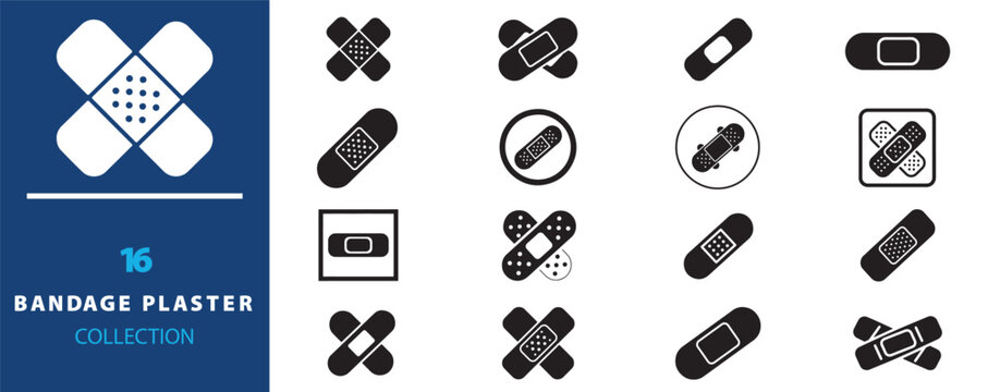 Medical bandage plaster collection, 16 adhesive bandage icons in black and white, first aid wound care strips for healthcare and nursing
