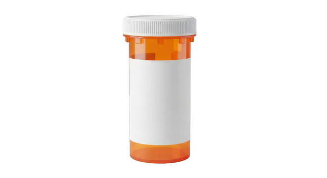Orange plastic prescription pill bottle with a white screw cap and a blank label for medication isolated on transparent background,png
