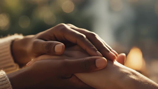 Closeup of two people holding hands in a supportive gesture