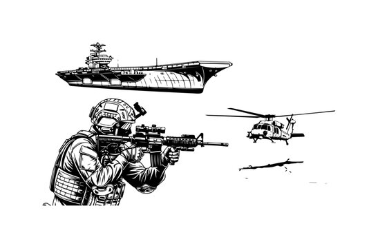 Military Operations: Soldier with Aircraft and Ship
