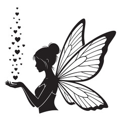 Graceful fairy silhouette with wings holding a trail of magical hearts for fantasy art
