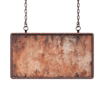 A distressed, rusted rectangular metal sign hangs from two dark chains against black. isolated on transparent background