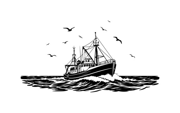 Vintage Fishing Trawler at Sea with Birds