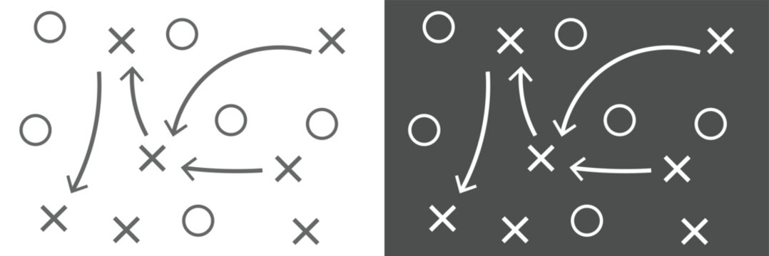Soccer Match game strategy and tactic plan line icon. isolated on white and black background. Playbook of coach. Strategic organization on field for learning. Vector graphics. Vector illustration . 