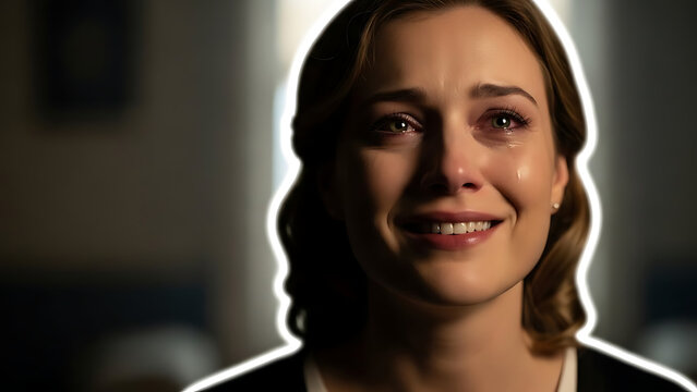 Close up portrait of emotional woman with tears in eyes smiling through sadness showing complex feelings of relief or bittersweet memory under light
