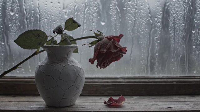 A Wilting Rose in a Vase by a Rainy Window