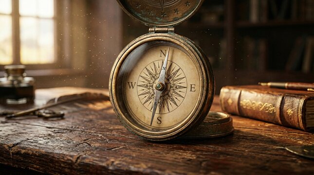 Ancient bronze compass resting heavily on a weathered mahogany desk clearly represents strategic direction and vital corporate navigation.