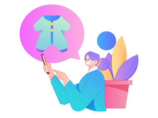 Fototapeta premium Holiday shopping people doing e-commerce online shopping flat vector concept operation hand drawn illustration 