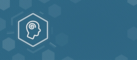 Obraz premium Abstract blue background with hex grid and glowing vector profile with spiral, creativity and mind power, copy space