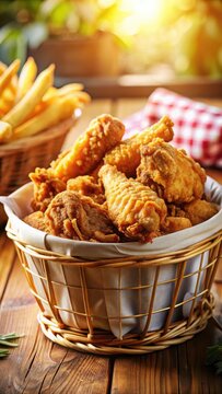 A realistic photo of Tasty crispy fried chicken wings and golden french fries arrive in a classic diner basket setting