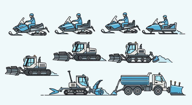Set of Winter Maintenance Vehicles and Snowmobiles Icons