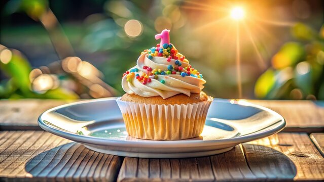 A photo of a beautifully decorated cupcake with colorful sprinkles on a white plate, perfect for a first birthday celebration