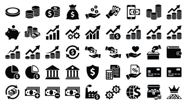 Collection of black financial icons for business finance and economy concepts on white background