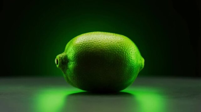 Orbiting shot around a small deep green lime with neon like backlight concept of intense tartness and refreshing aroma