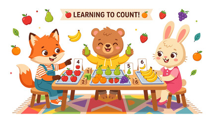 Fototapeta premium Cute Animals Learning to Count Fruits, Educational Kids Illustration