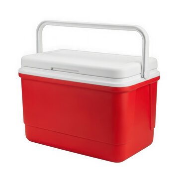 Red cooler box with white lid and handle isolated on transparent background