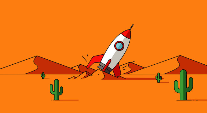cartoon rocket crash in desert landscape an unsuccessful landing amidst sand dunes and cacti depicting a tech issue.