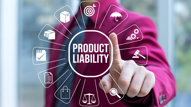 A business professional in a vibrant magenta suit points to a glowing circular interface displaying the words Product Liability surrounded by many rel