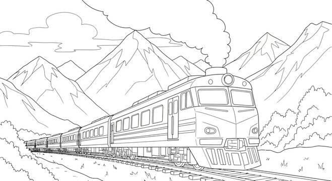 Coloring Page Featuring a Passenger Train Traveling Through Mountainous Landscape