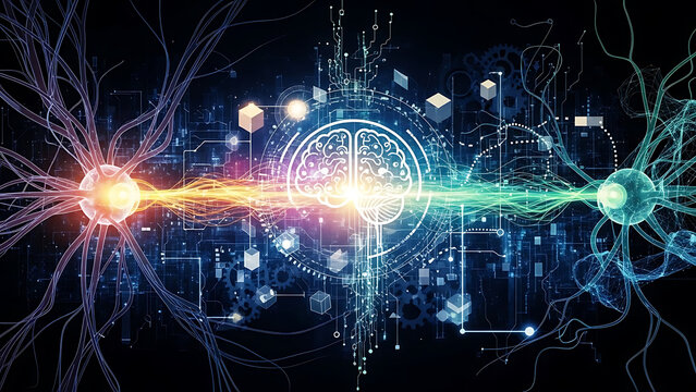 Human brain connection neural network artificial intelligence digital science technology synapses communication pathways energy flow abstract