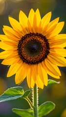 Fototapeta premium Close-up of a vibrant sunflower in full bloom, showcasing its golden petals and dark center, bathed in warm sunlight
