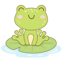 Obraz premium Cartoon Frog on Lily Pad: a friendly frog perches peacefully on a lily pad in tranquil water, radiating a sense of calmness. 