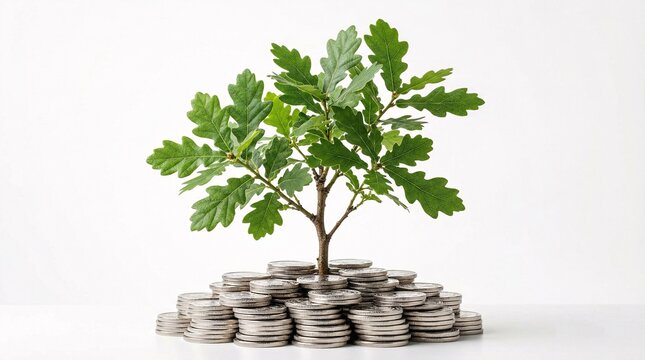 Flourishing oak sapling emerging vibrantly from a stack of silver coins clearly illustrates financial investment and sustainable growth.
