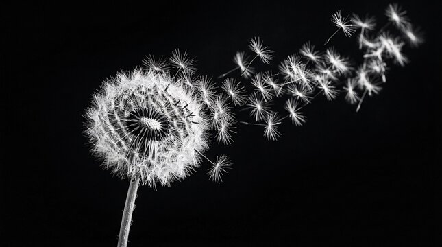 High contrast monochrome image of a blooming dandelion completely releasing seeds successfully represents the viral dissemination of ideas.