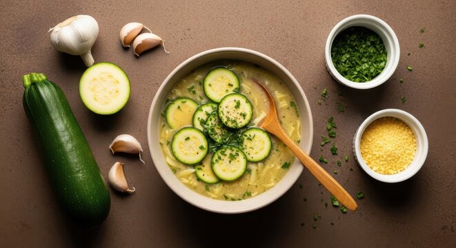 Delicious zucchini soup with garlic and herbs in a bowl on a table