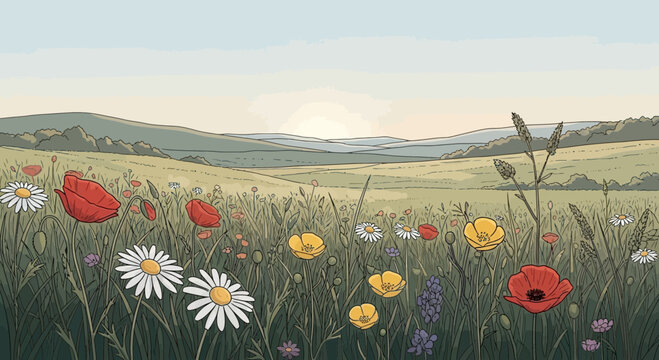 Wildflower Meadow Landscape with Poppies and Daisies at Sunrise