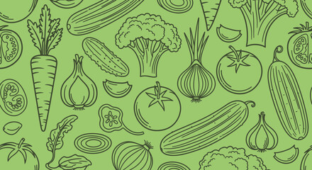 Fototapeta premium Seamless Pattern with Hand Drawn Vegetables on Green Background