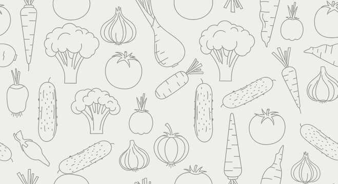 Seamless Pattern of Fresh Vegetable Line Art Icons