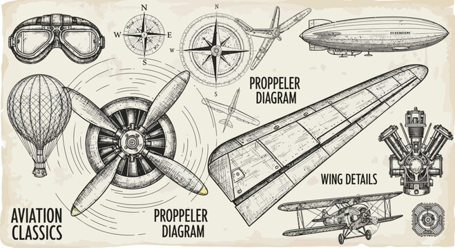 Vintage Aviation Engineering Sketches and Aircraft Components Collection