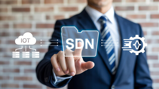 Businessman pointing at glowing SDN icon symbolizing software defined networking and IoT technology innovation on a brick wall background