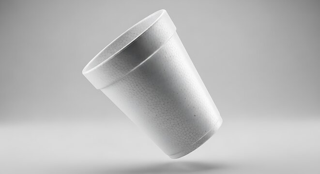 A tilted white disposable foam cup against a plain background. styrofoam coffee cup