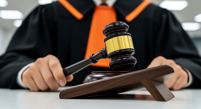 Close up hands of judge in black robe holding gavel on wooden block in courtroom