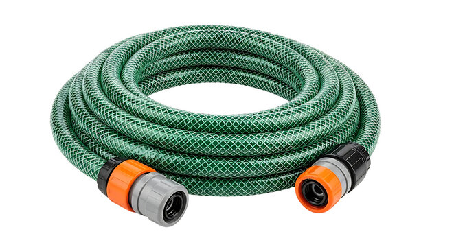 green garden hose with quick connect fittings coiled and ready for watering in home improvement and outdoor tasks