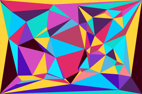 Vibrant low polygon triangulation style with bright colors creating geometric background design.