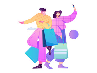 Obraz premium Holiday shopping people doing e-commerce online shopping flat vector concept operation hand drawn illustration 