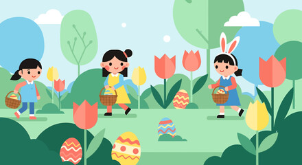 Obraz premium easter egg hunt with children enjoying spring outdoor activity collecting colorful eggs in a vibrant green park with tulips in flat design.