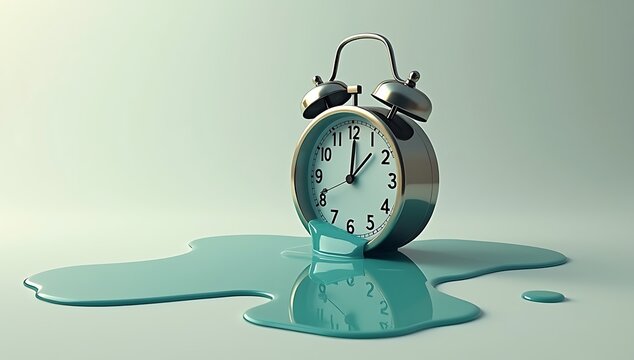 Melting Clock Flowing Into Liquid Pool Representing Time Loss And Productivity Concept Minimal Background
