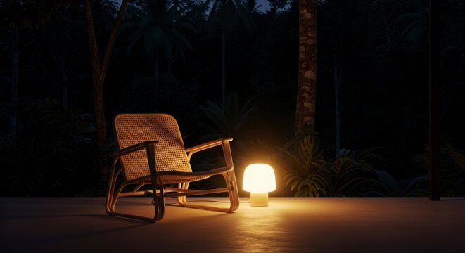 Cozy outdoor scene with illuminated chair and lamp against dark backdrop