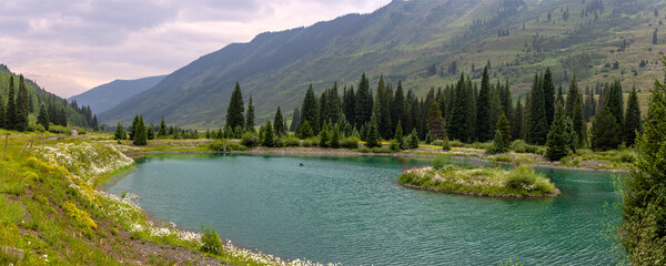 Fototapeta premium Alpine lake with island surrounded by wildflowers and conifer forest in Colorado rocky mountains.