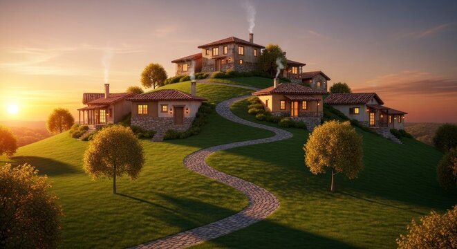 Elegant hillside houses under a sunset sky scenic landscape design illustration