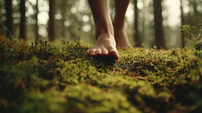Feet Walk on Soft Moss in a Forest, Morning Light Shines Through Trees Creating a Soothing Scene With Green Background and Focused View on Nature