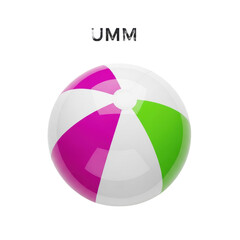 Obraz premium Hyper-photorealistic glossy beach ball with magenta, white, and lime green stripes, perfectly centered on a transparent high-key studio background, overhead commercial shot. Concept for vibrant