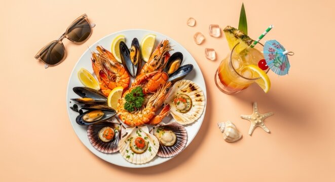Seafood platter with cocktail and sunglasses on pastel background